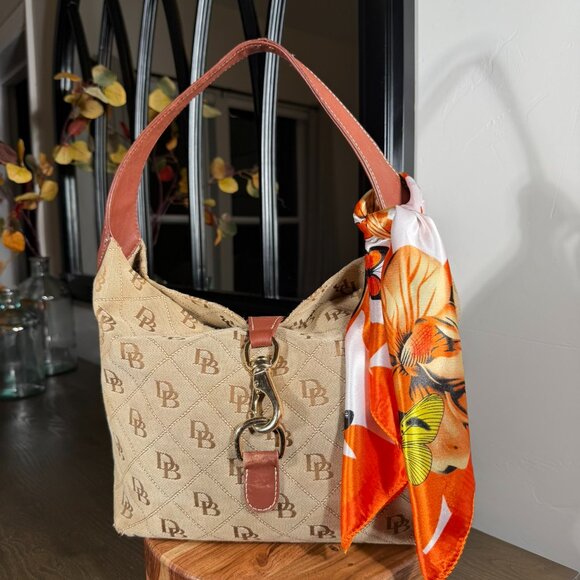 Dooney & Bourke Monogram Shoulder Bag — Vintage Tan Canvas & Leather - Picture 1 of 16